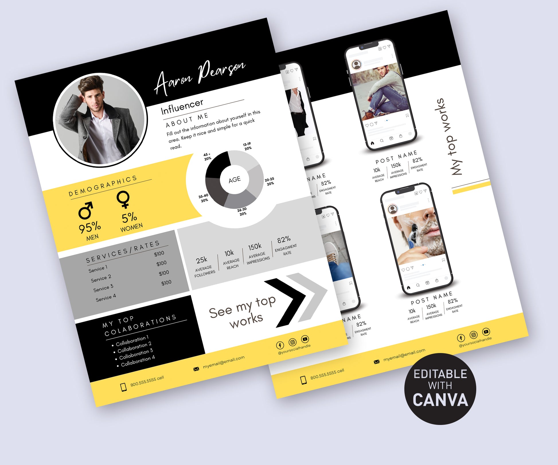 Black and yellow themed influencer media kit