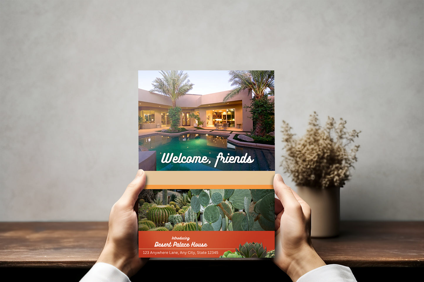 Desert home welcome book with hands holding it. Canva template